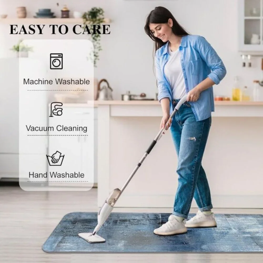 New Blue and Gray Kitchen Mat, Set of 2 Non-Skid Washable Abstract Floor Rugs